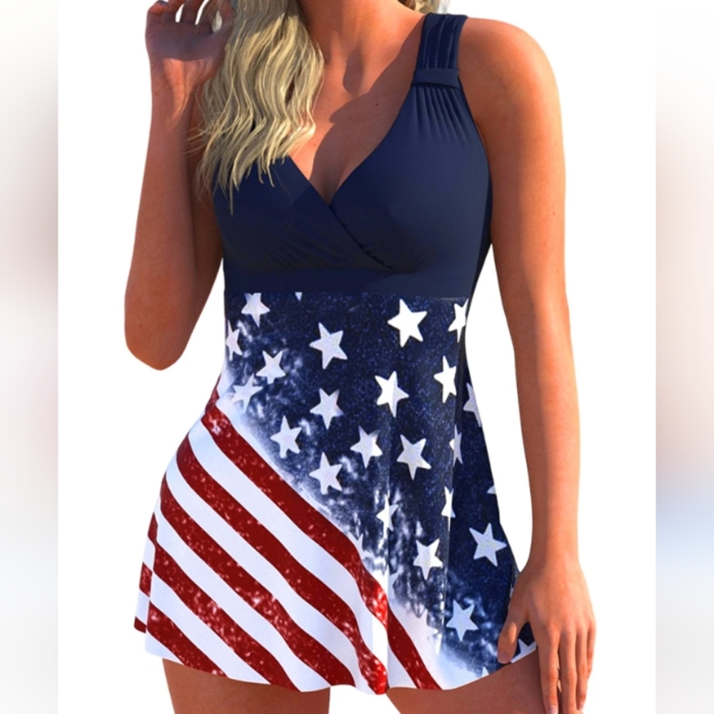 MODLILY® Plus Size American Flag Print Swimdress Top-4X Only